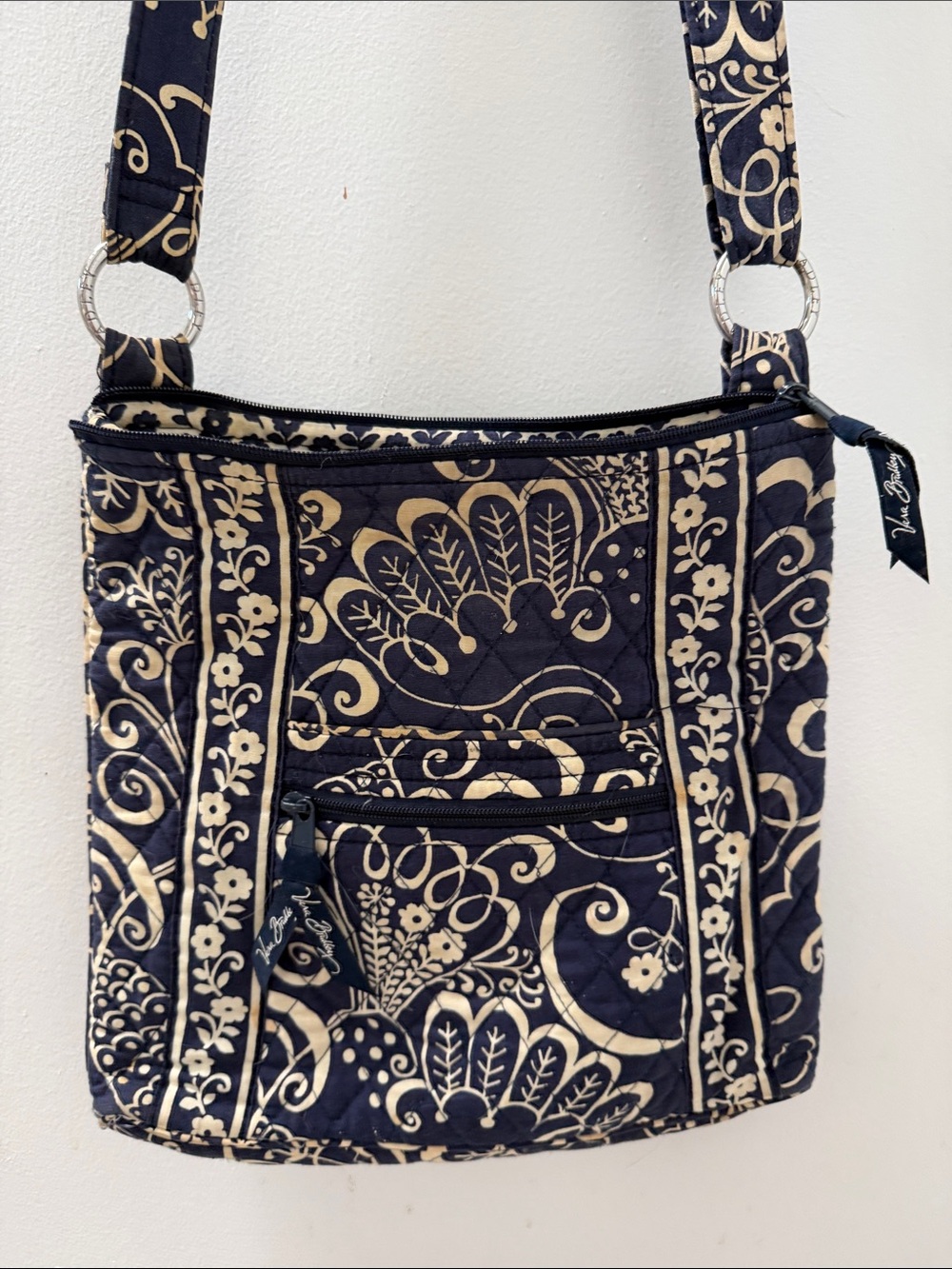 VB Quilted Hipster Crossbody Bag in Twirly Bird Navy and Cream